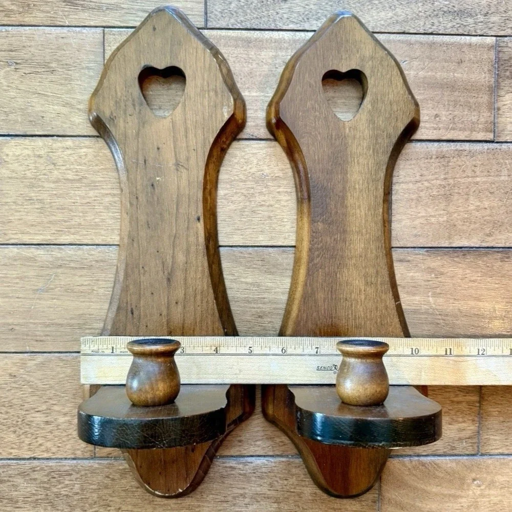 2pc VTG 60s MCM Wood Candlestick Heart Wall Sconce COUNTRY Cottage Core Farm